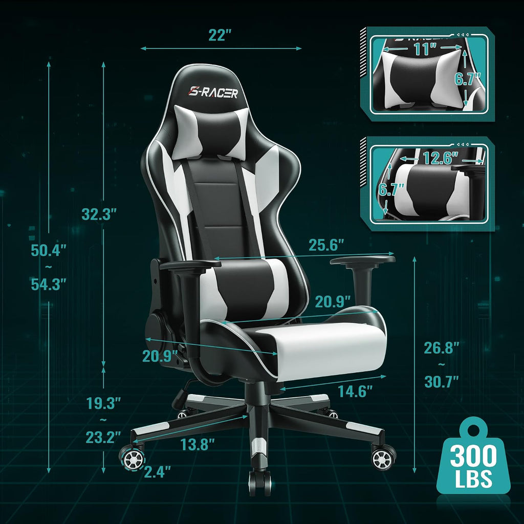 Furniwell Gaming Chair PU Leather Office Chair High Back Computer Desk Chair Adjustable Swivel Racing Executive Leather Ergonomic Task with Headrest and Lumbar Support (White)