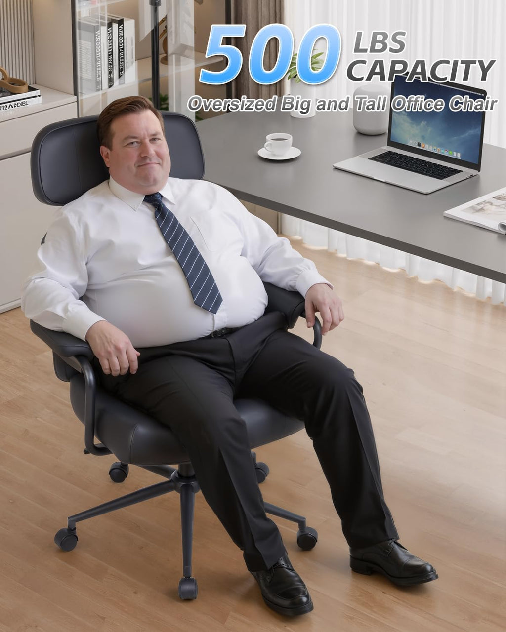 Big and Tall Office Chair 500lbs, Desk Chair Comfy, Oversized Computer Chair Extra Wide, Mid-Century Modern Chairs, PU Leather Heavy Duty, High Back Swivel Rocking Chairs with Wheels for Home, Black