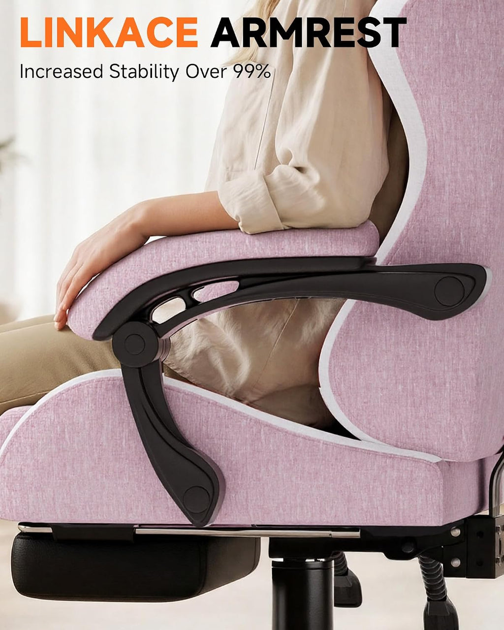 GTPLAYER Gaming Chair with Footrest, Computer Gaming Chair for Adults and Kids, Height Adjustable Gamer Chair with 90-155° Recline & Removable Headrest Lumbar Support,Linen Fabric Pink