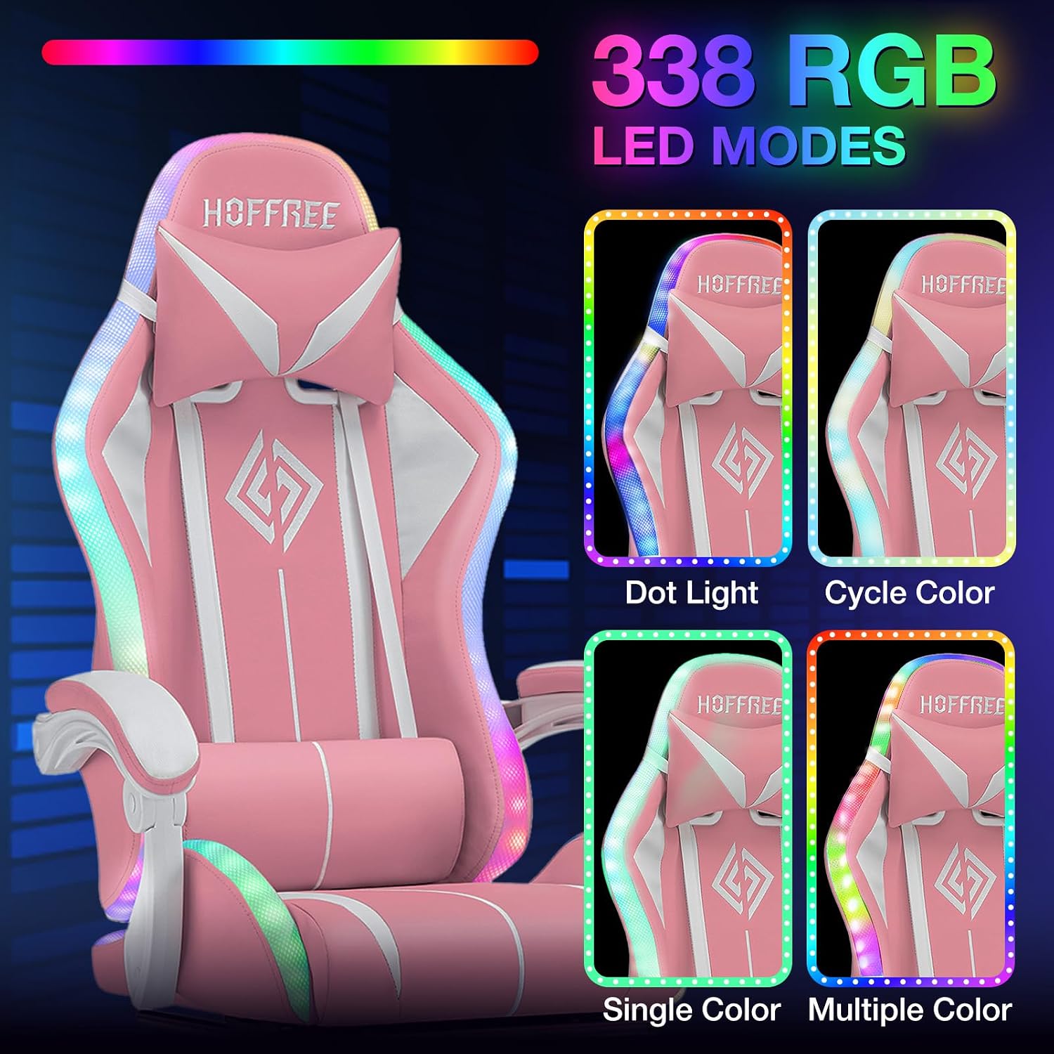 HOFFREE Gaming Chair with LED RGB Lights with Massage and Footrest Ergonomic Computer Chair High Back Video Game Chair with Adjustable Lumbar Support Linkage Armrest Pink and White