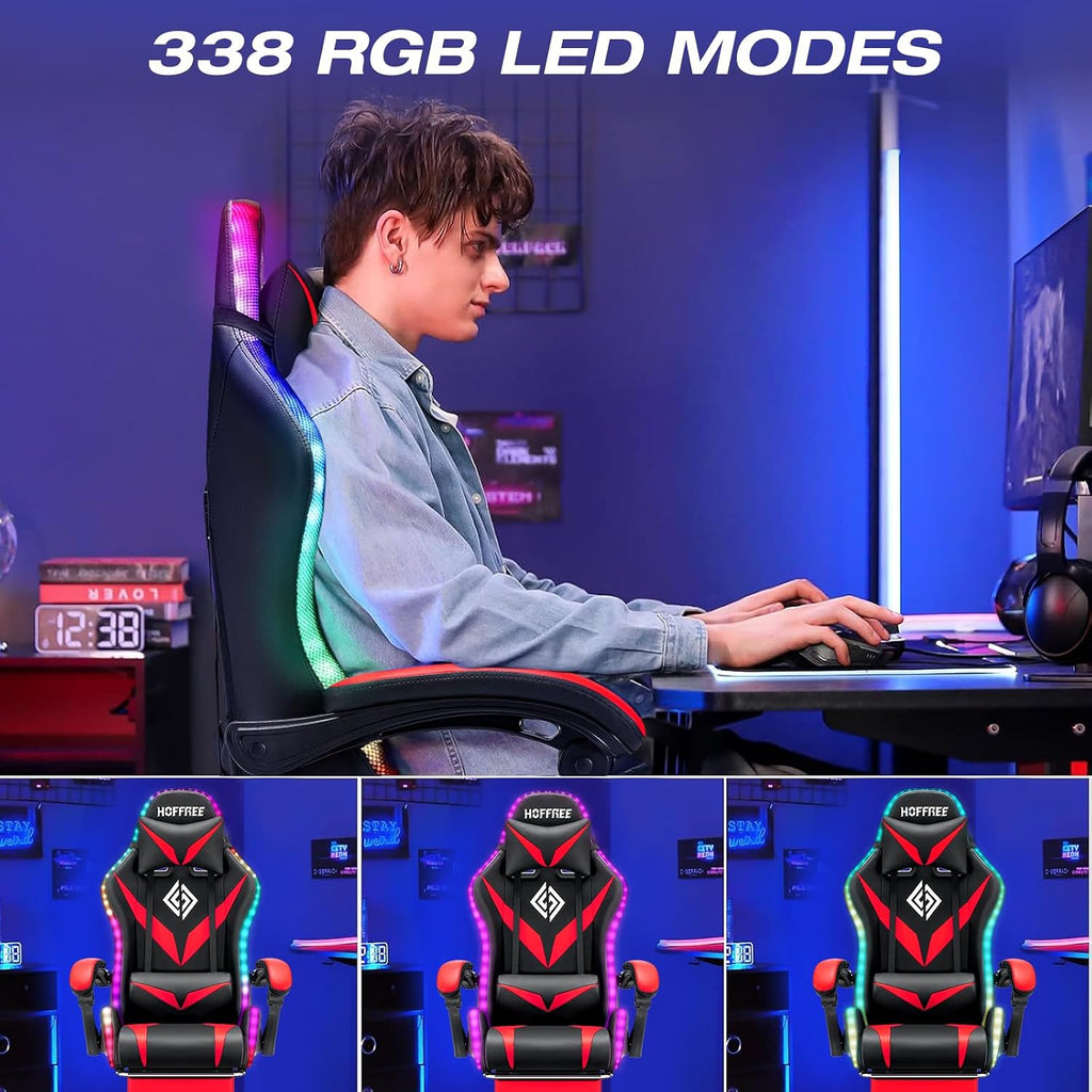 RGB Gaming Chair with Massage and LED Lights Ergonomic Computer Chair with Footrest High Back Video Game Chair with Adjustable Lumbar Support Linkage Armrest Red and Black