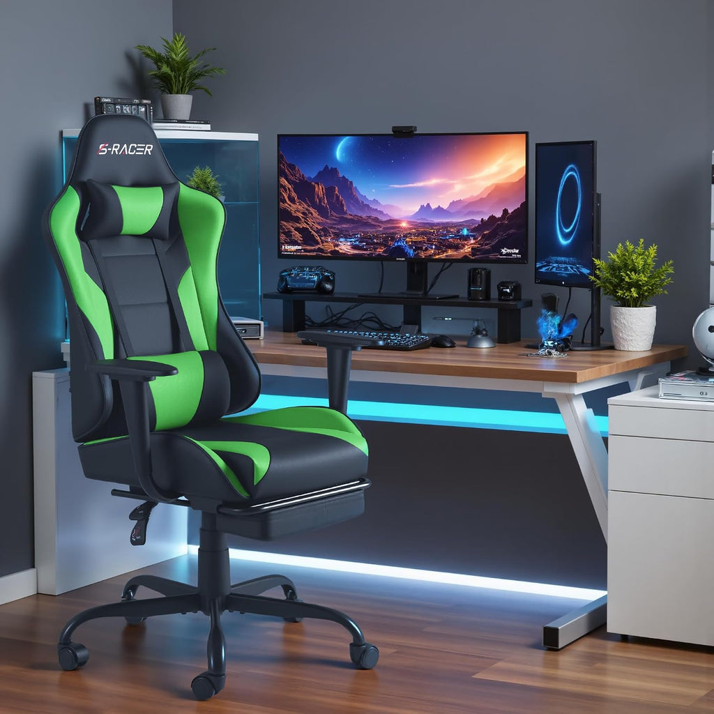Homall Gaming Chairs, Computer Chair with Footrest and Massage Lumbar Support, Height Adjustable Game Chair with Headrest and Swivel Seat (Light Green)