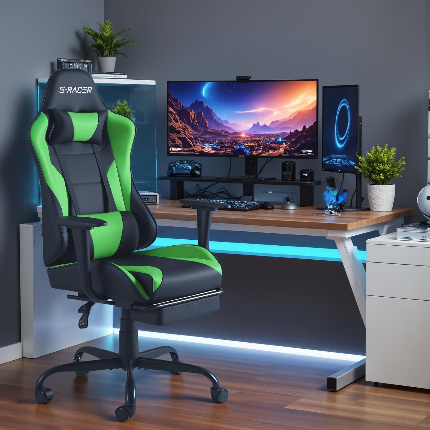 Homall Gaming Chairs, Computer Chair with Footrest and Massage Lumbar Support, Height Adjustable Game Chair with Headrest and Swivel Seat (Light Green)