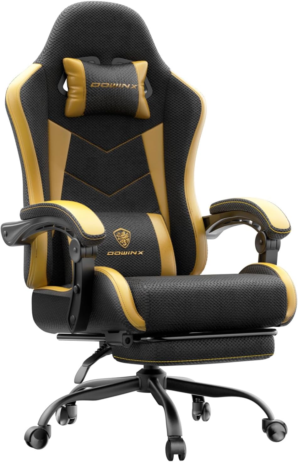 Gaming Chair with Footrest, Ergonomic 330lbs Leather Mesh Chair, Massage Lumbar Support,Adjustable Height & Headrest,Breathable Seat for Office, Home, Streaming, Long Gaming Sessions, Black and Golden