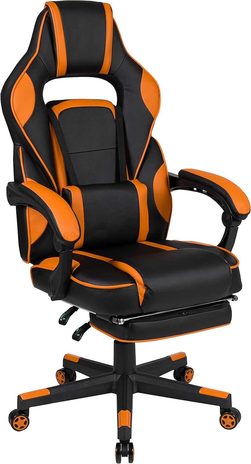 EMMA + OLIVER Black/Orange Ergonomic Gaming Chair -Recline Back/Arms, Footrest, Massaging Lumbar