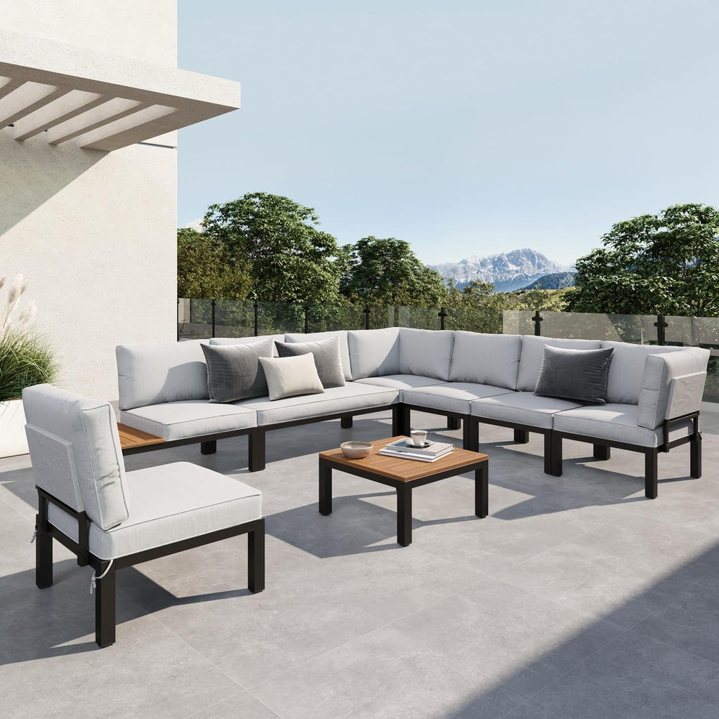 Sophia & William Outdoor Sectional Sofa, 8 Piece Metal Patio Furniture Set, Modular Patio Conversation Set-2 x Single Sofa with Side Table, 4 x Single Chairs, 1 x Loveseat, 1 x Tea Table
