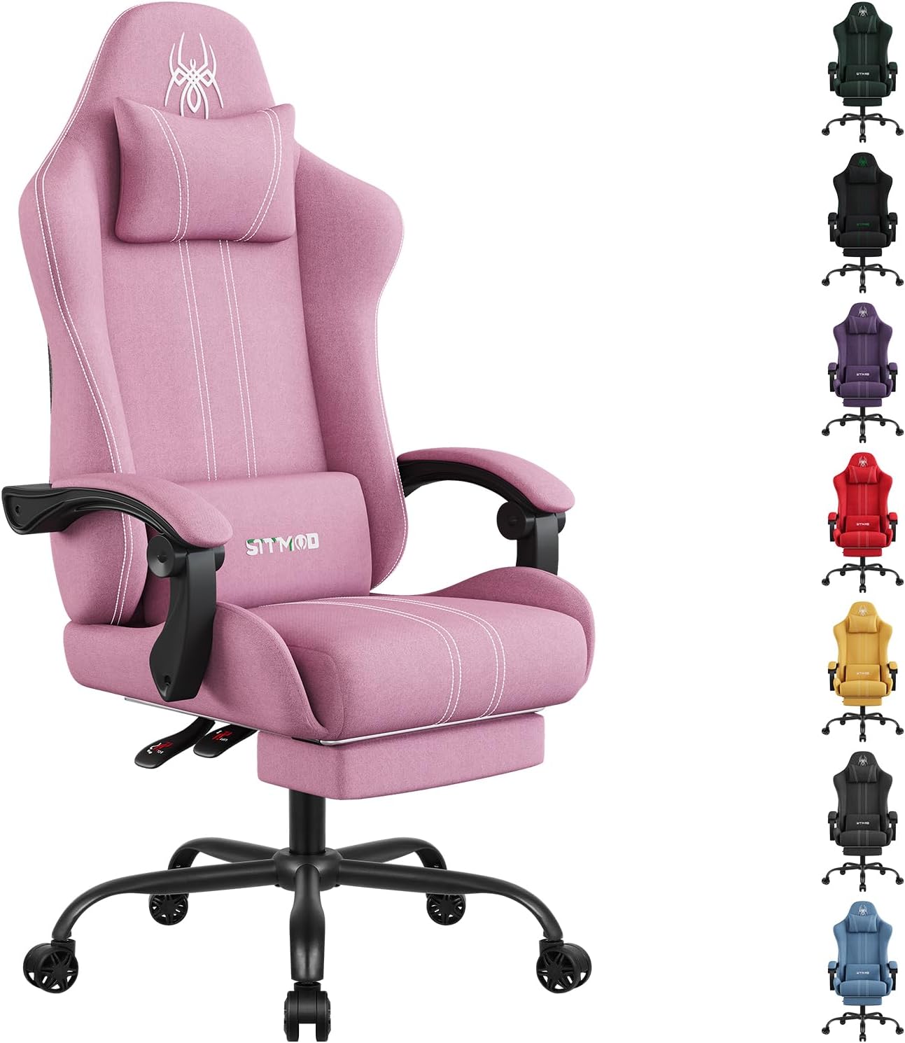 SITMOD Fabric Gaming Chair with Footrest-Breathable Computer Chair with Headrest & Lumbar Pillow,Big and Tall Ergonomic Gamer Chair for Heavy Adults,22.44' Deep Seat Gaming Chairs for Adults(Pink)