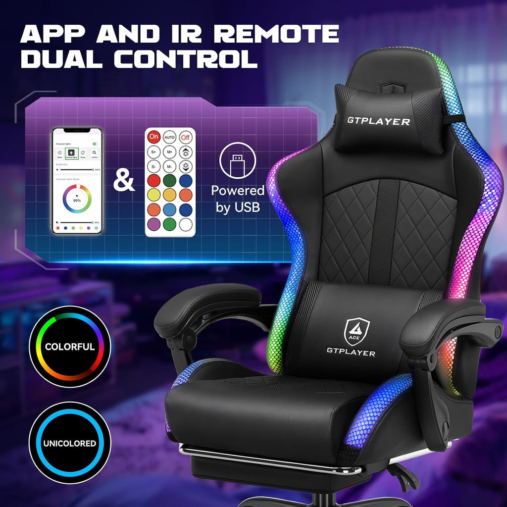 GTPLAYER RGB Gaming Chair with Speakers, Computer Gamer Chair with Footrest and LED Lights, PC Gamer Chairs for Adults, High Back Reclining Office Chairs, Linkage Armrest (Black, with Speakers)