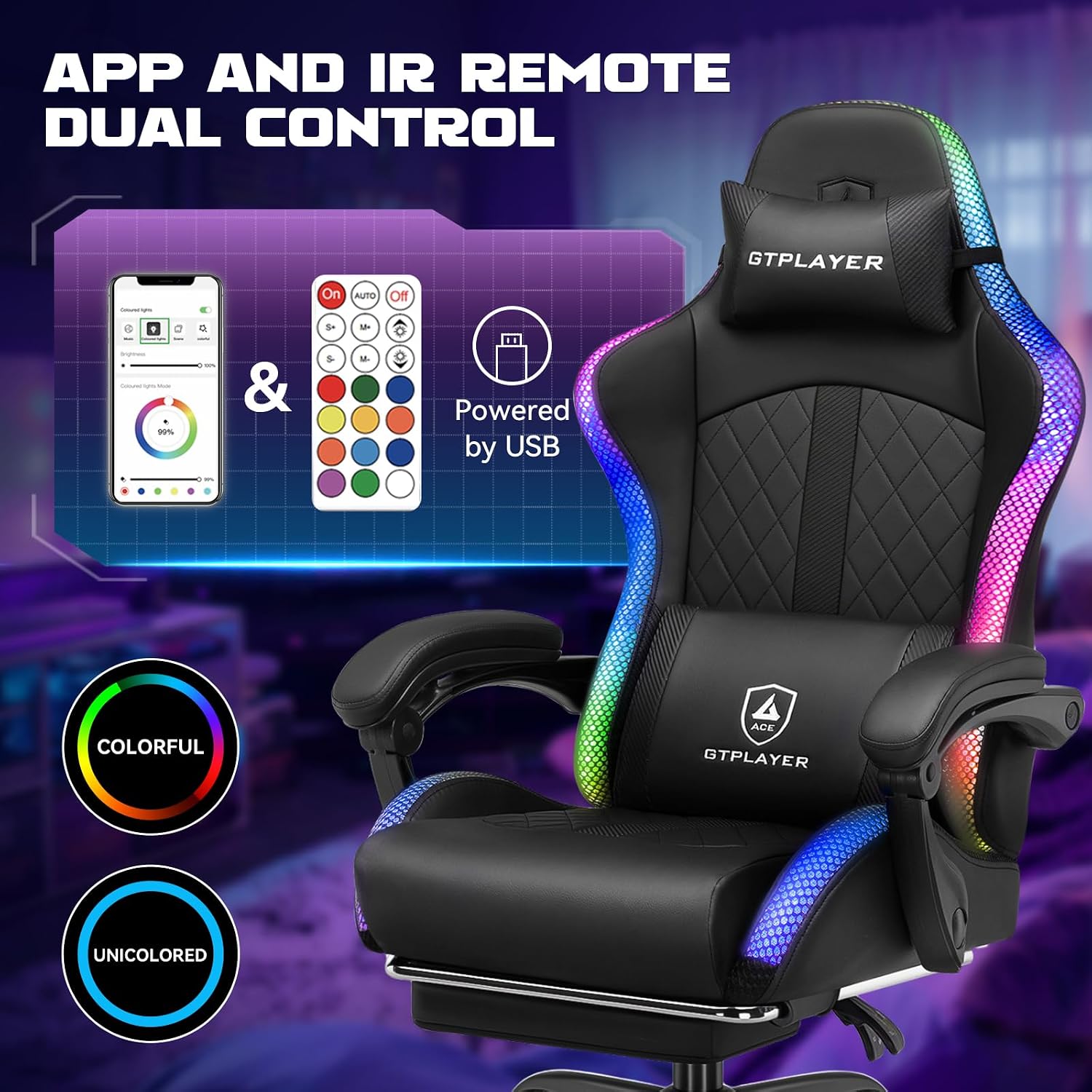 GTPLAYER RGB Gaming Chair with Speakers, Computer Gamer Chair with Footrest and LED Lights, PC Gamer Chairs for Adults, High Back Reclining Office Chairs, Linkage Armrest (Black, with Speakers)