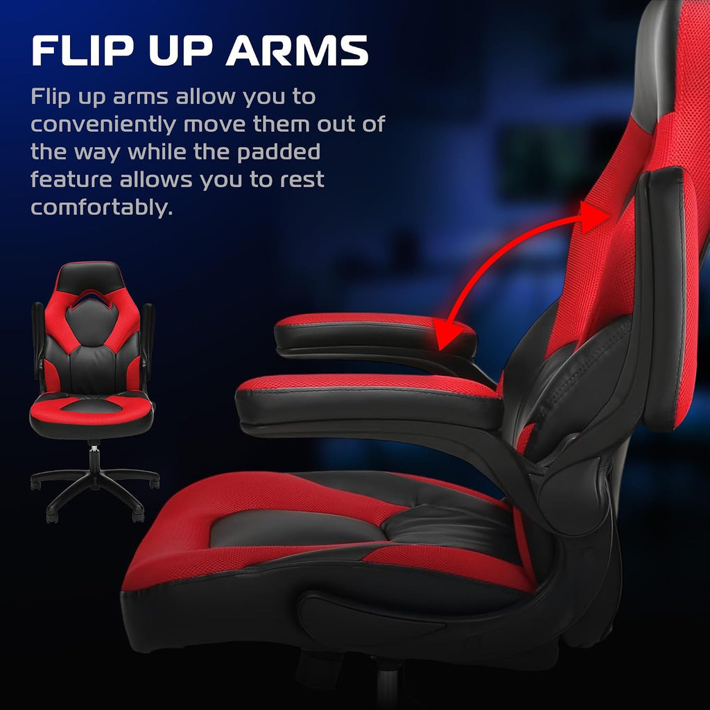 RESPAWN 3085 Ergonomic Gaming Chair for Adults, High Back Office Chair with Headrest and Flip Up Arms, Leather Racing Style Gaming Seat with Lumbar Support, Video Game Computer Desk Seat - Red