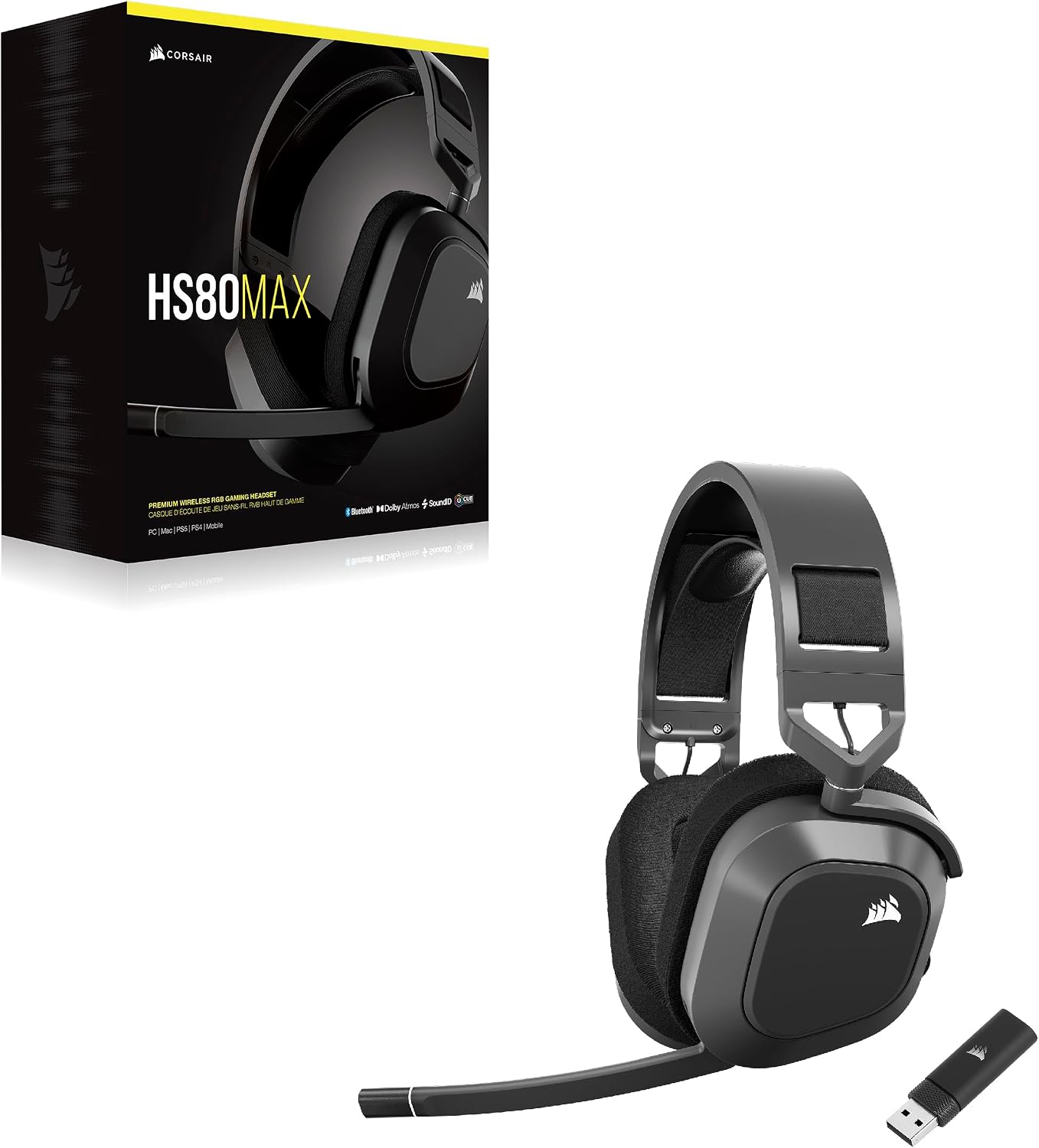 Corsair HS80 MAX Wireless Multiplatform Gaming Headset with Bluetooth – Dolby Atmos – Broadcast Quality Microphone – iCUE Compatible – PC, Mac, PS5, PS4, Mobile – Steel Gray