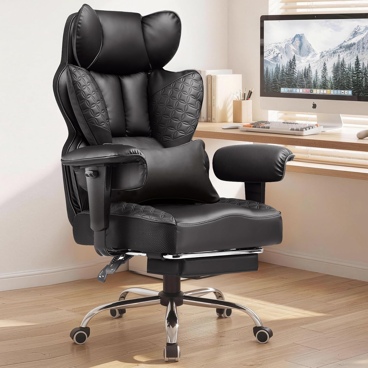 COMHOMA Big and Tall Office Chair Heavy Duty Gaming Chair with Deluxe Embossing Leather High Back Wider Ergonomic Computer Chair with Foot Rest 150°Reclining Pocket Spring Lumbar Support