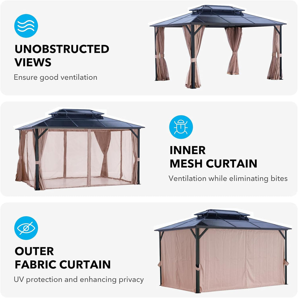LeDoasis 10' X 13' Permanent Hardtop Gazebo, Outdoor Polycarbonate Double Roof Canopy with Breathable Netting & Privacy Curtain for Patio Backyard Garden Lawn Party