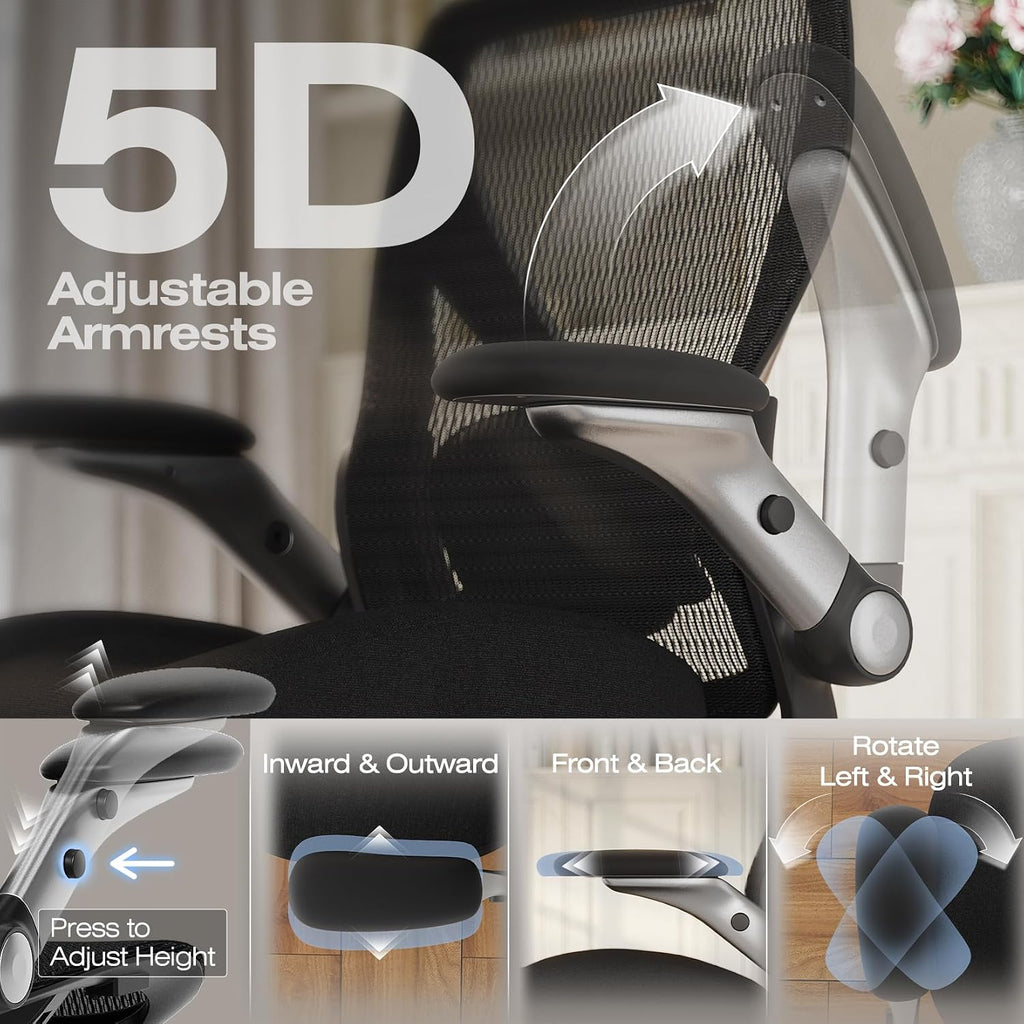 ELABEST X100 Ergonomic Mesh Office Chair, Big and Tall Hone Desk Chair with 5D Flip-Up Arms, Adjustable 3D Lumbar Support,Gaming & Executive Computer Chairs for Long Hours, Padded Seat