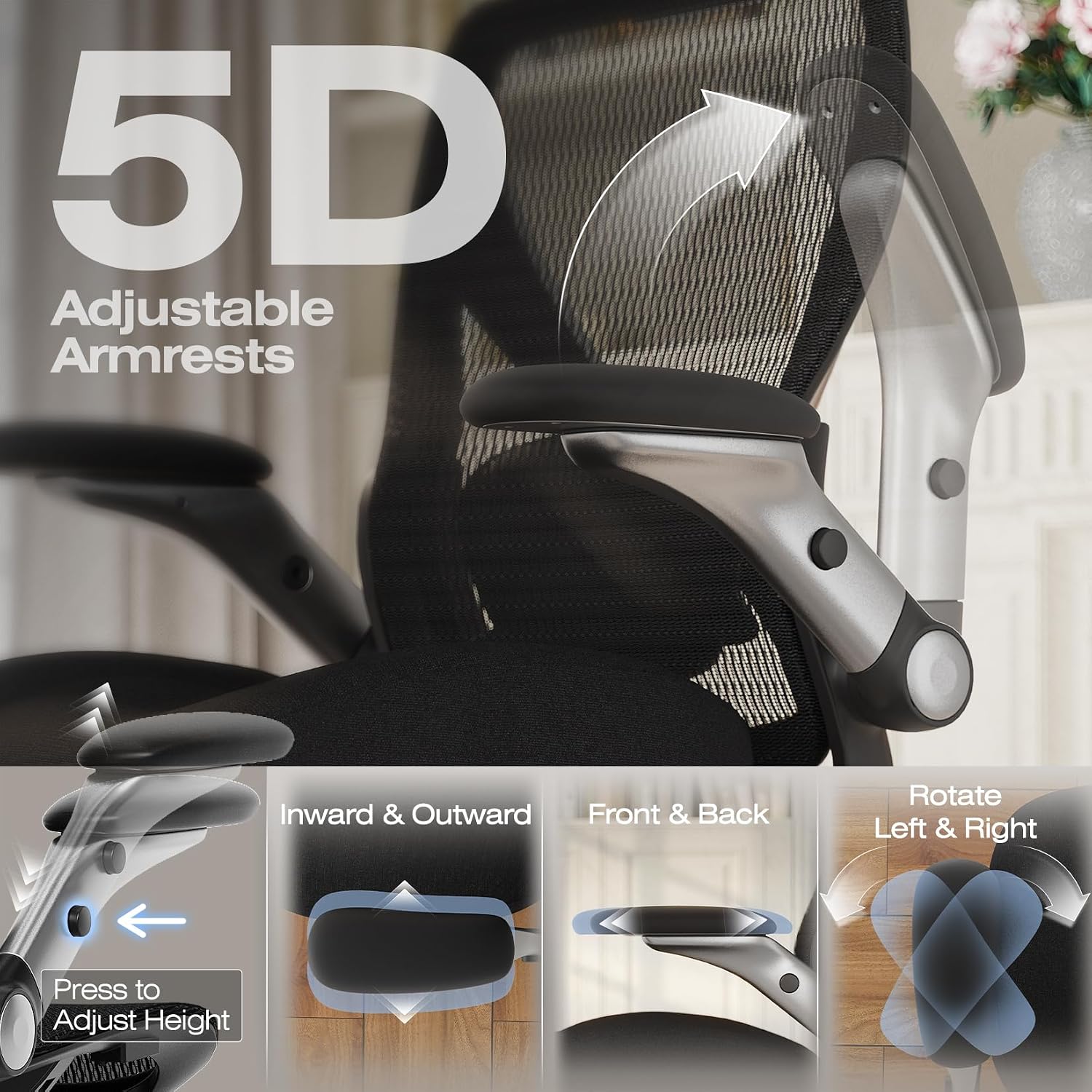 ELABEST X100 Ergonomic Mesh Office Chair, Big and Tall Hone Desk Chair with 5D Flip-Up Arms, Adjustable 3D Lumbar Support,Gaming & Executive Computer Chairs for Long Hours, Padded Seat