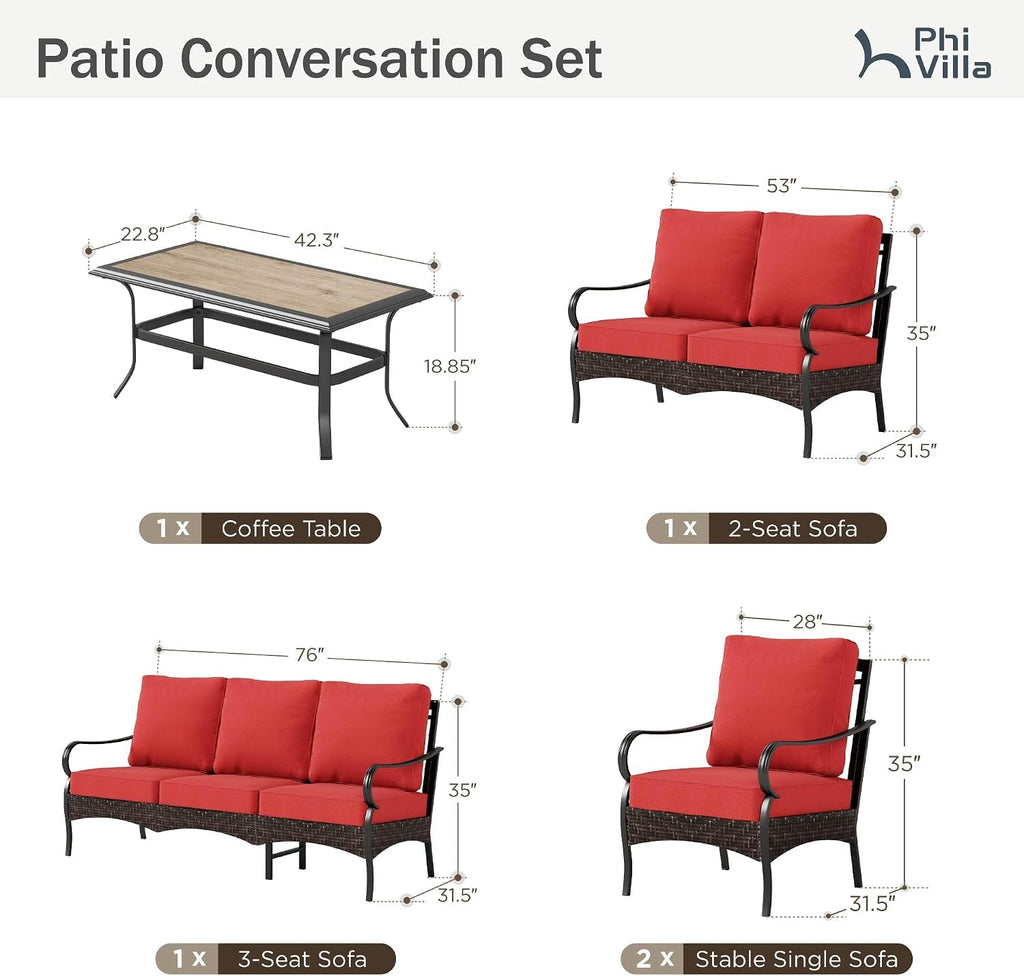 PHI VILLA Outdoor Modern Patio Furniture Set, Upgraded Wicker & Metal Patio Conversation Set with Waterproof Thick Cushions for Porch, Poolside, Yard (5 Pieces,Red)