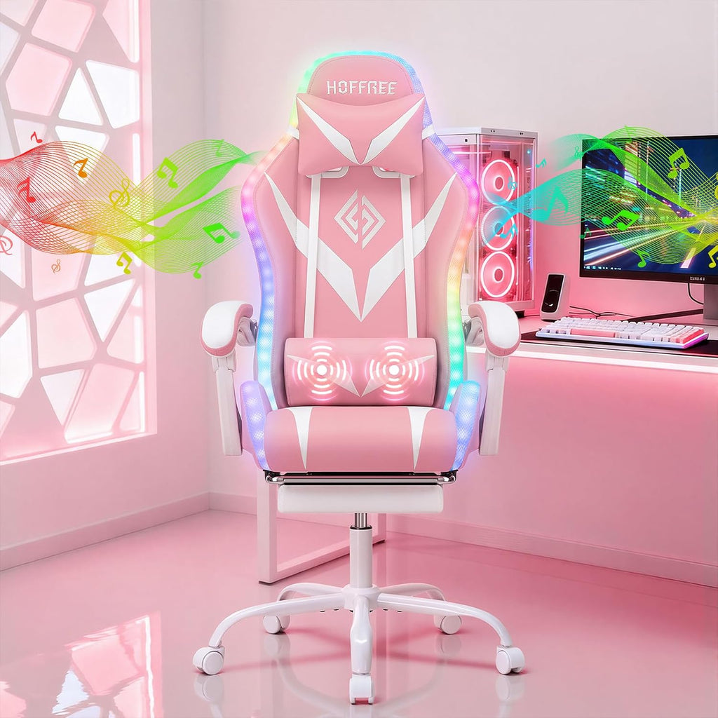 HOFFREE Pink Gaming Chair Massage with Bluetooth Speakers and Led Lights Ergonomic Computer Gaming Chair with Footrest RGB Video Game Chair with High Back Lumbar Support Pink and White