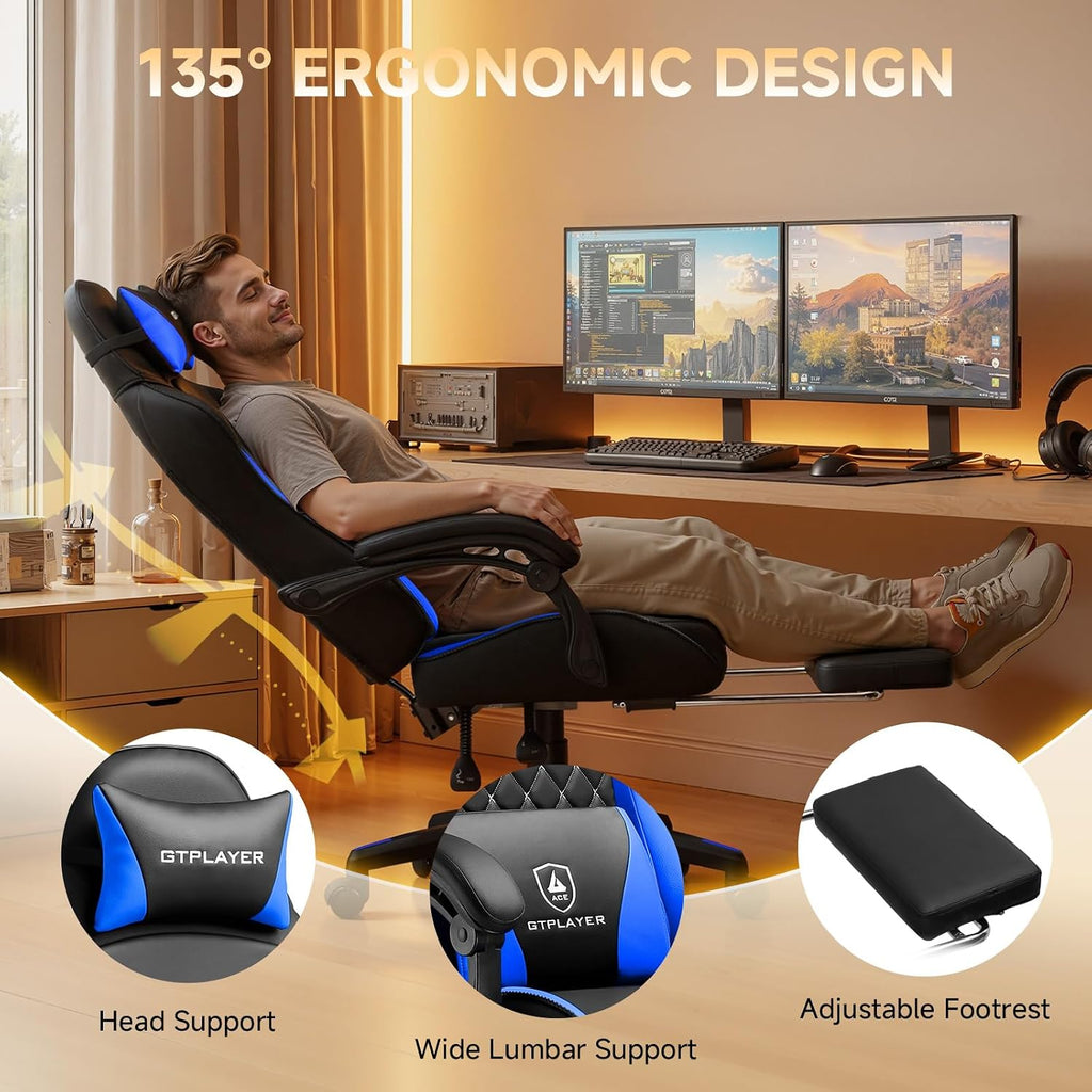 GTPLAYER Gaming Chair, High Back Leather Computer Gaming Chair with Footrest, Ergonomic Height Adjustable Office Chair with Removable Cover and Lumbar Support for Gaming and Work (Blue)