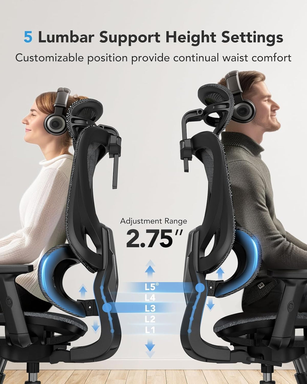 HUANUO Ergonomic Mesh Office Chair with 5-Level Lumbar Support, Computer Gaming Chair with Adjustable Headrest & Armrests, Rocking Tilt, Comfortable High Back Desk Chair for Home Office,4 Pack