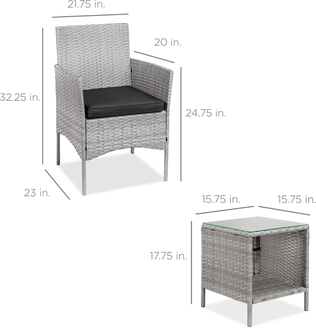 Best Choice Products 3-Piece Outdoor Wicker Conversation Bistro Set, Space Saving Patio Furniture for Garden w/Side Table - Gray/Black