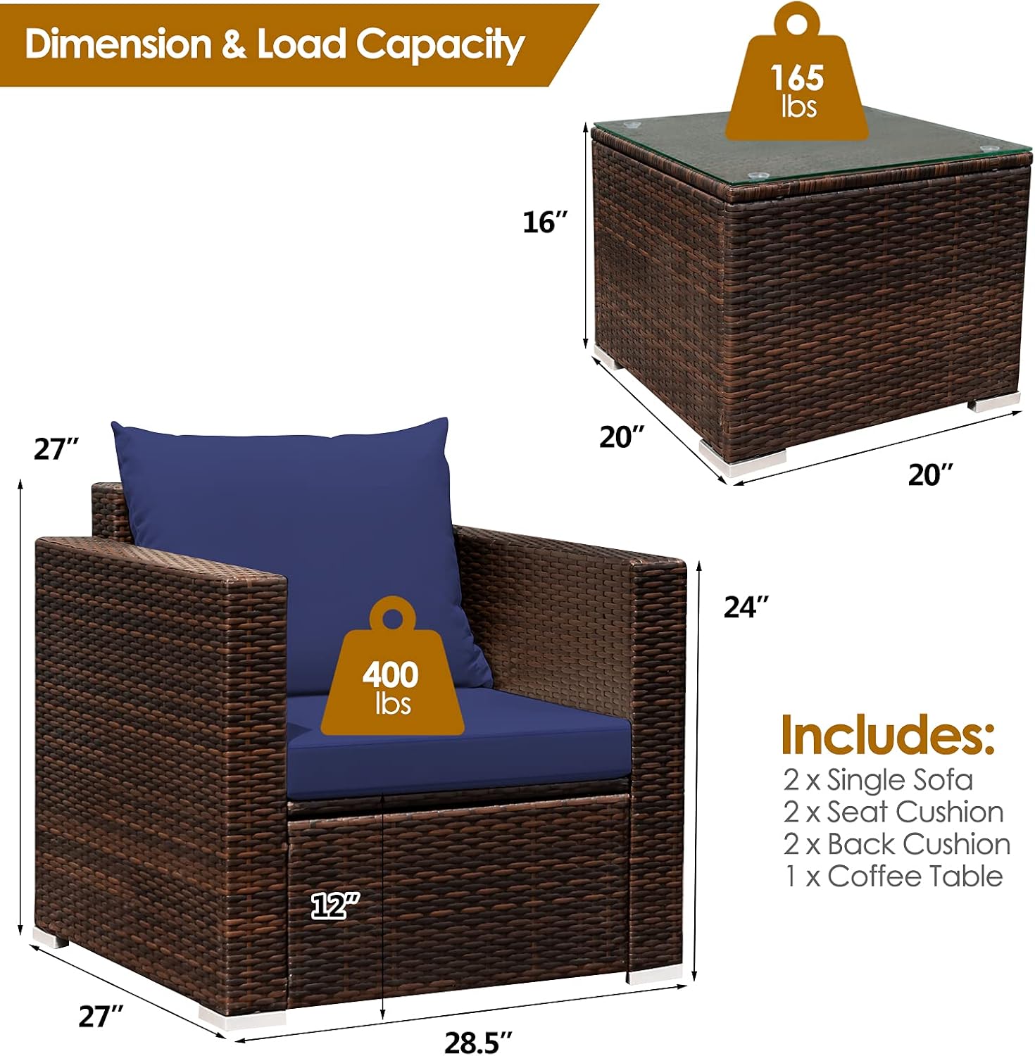 HAPPYGRILL 3-Piece Patio Furniture Set PE Rattan Wicker Sofa Set with Cushions and Coffee Table Outdoor Patio Conversation Set for Garden Poolside Balcony