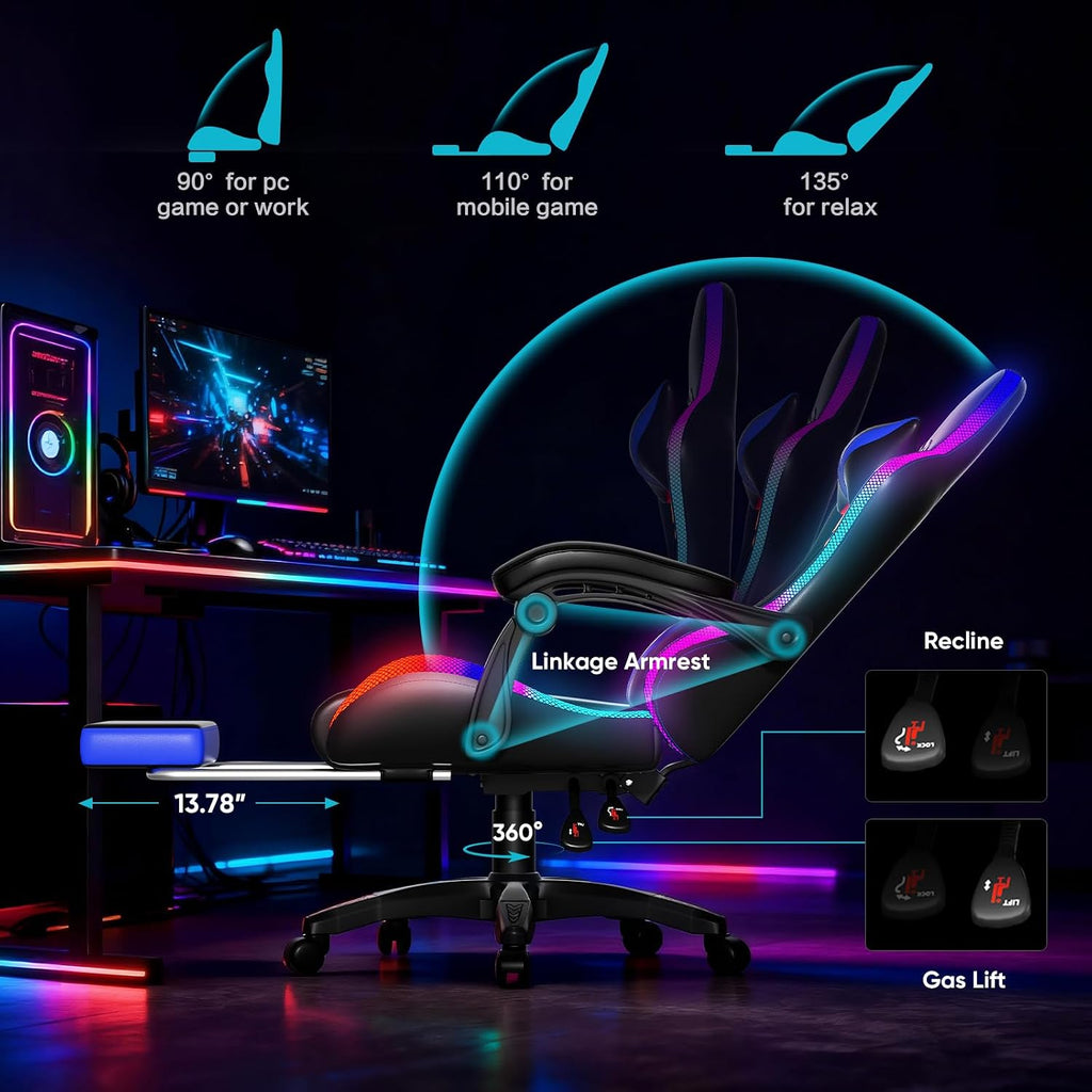 Czlolo Gaming Chair, RGB LED Lights Computer Chair with Footrest, Lumbar Support Massager Gamer Chair, High Back, 90-135° Reclining, Linkage Armrests, Blue