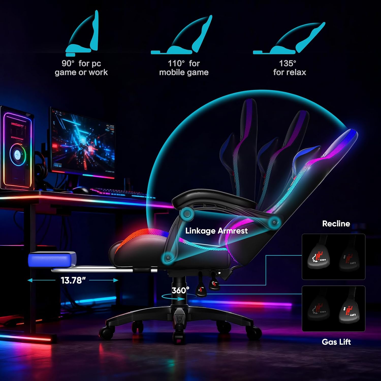 Czlolo Gaming Chair, RGB LED Lights Computer Chair with Footrest, Lumbar Support Massager Gamer Chair, High Back, 90-135° Reclining, Linkage Armrests, Blue