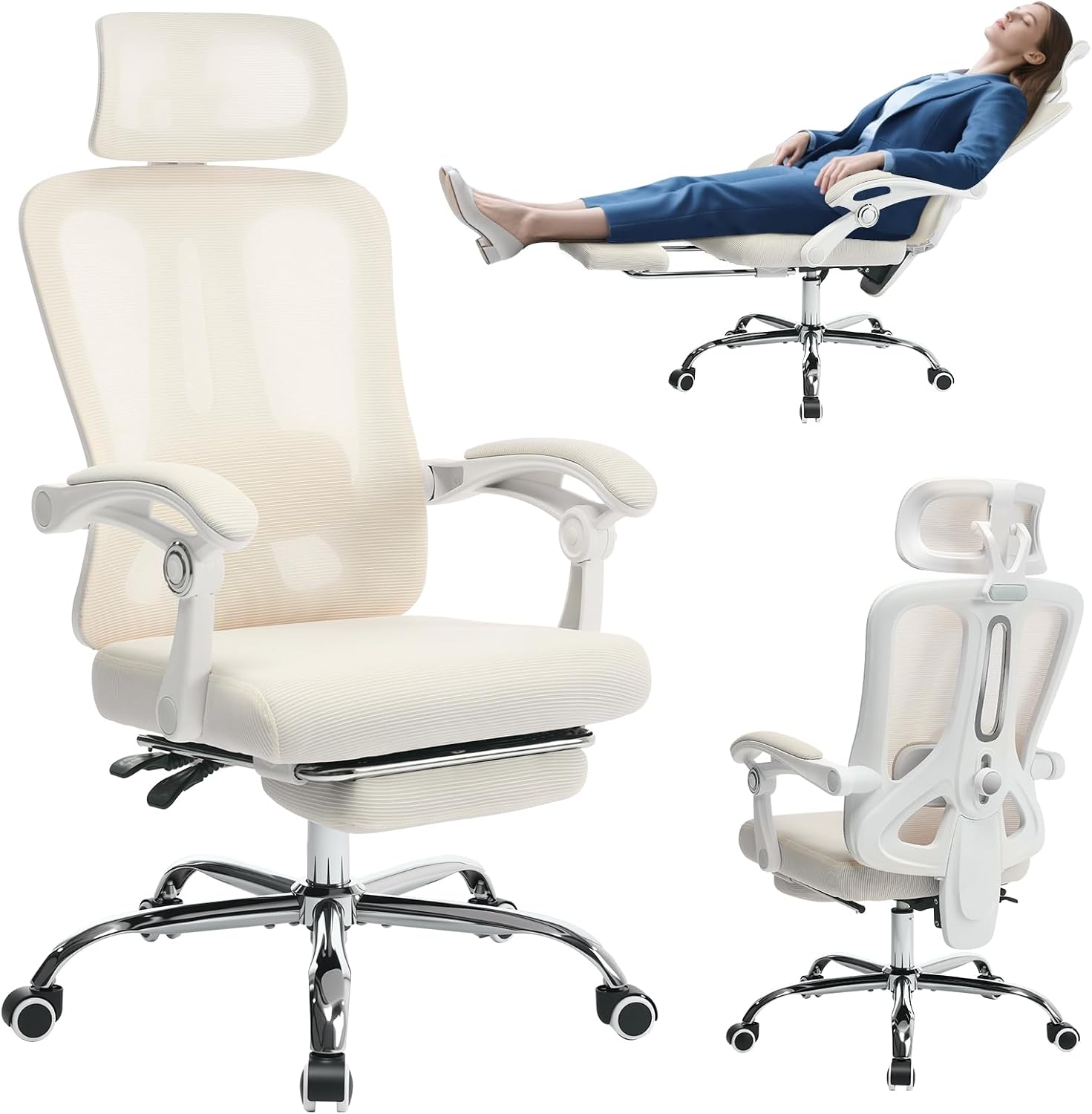GarveeHome High Back Ergonomic Office Chair with Mesh Back, Retractable Footrest, Adjustable Headrest & Lumbar Support – Wide Computer Desk Chair with Wheels for Home Office or Bedroom, Beige