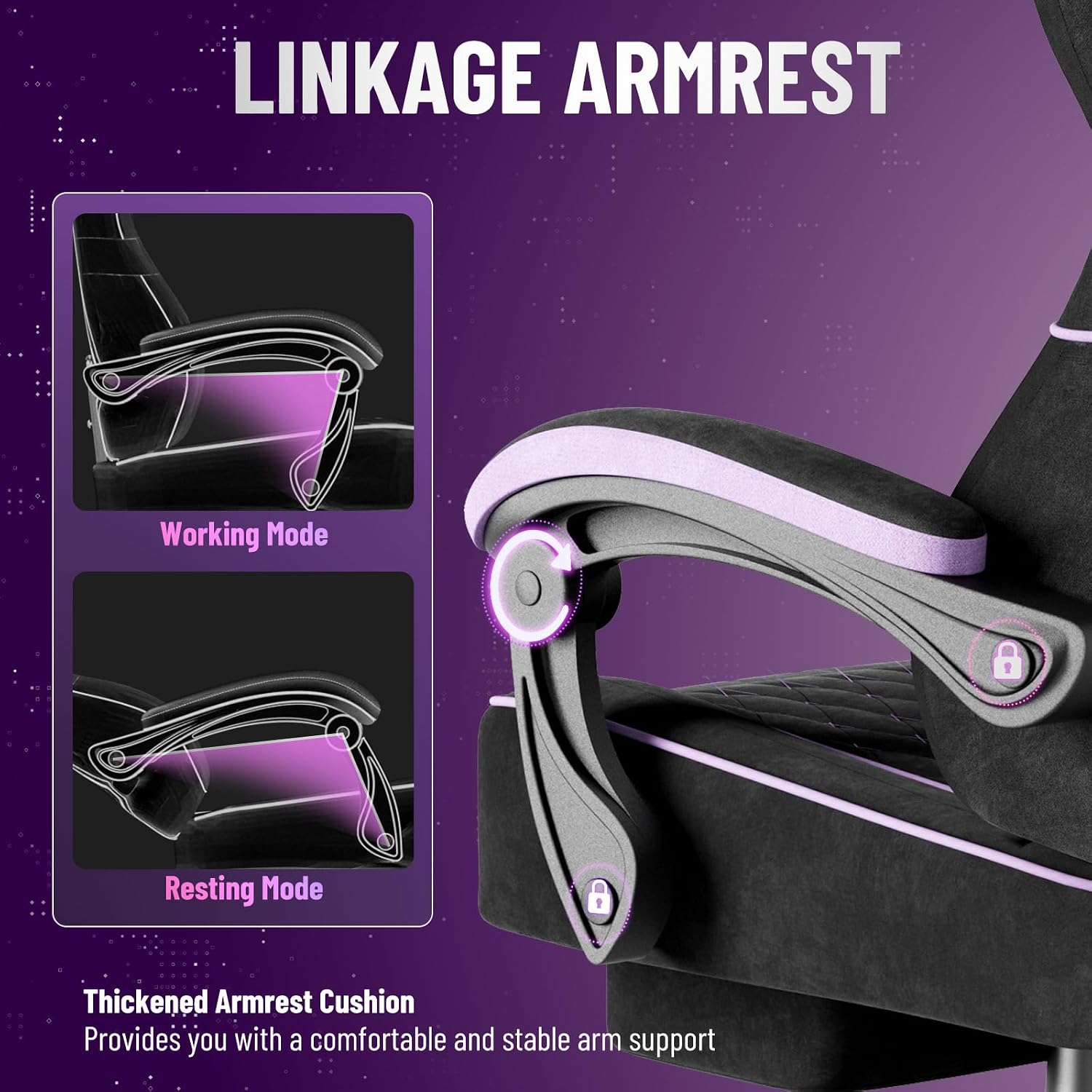 Ferghana Gaming Chair, Velvet Fabric Comfortable Computer Chair with Footrest and Linkage Armrest, Ergonomic High Back Game Chair with Massage Lumbar Support for Adult, Black/Purple