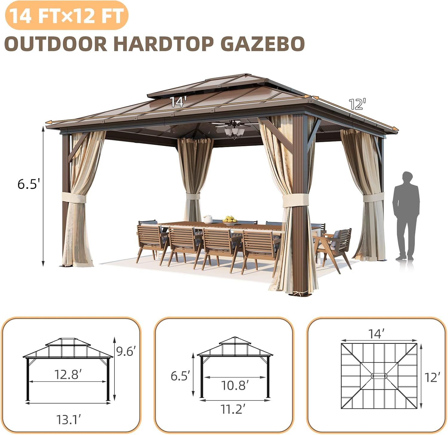 YOLENY 12'x14' Hardtop Gazebo, Aluminum Frame Outdoor Gazebos with Polycarbonate Vertical Stripe Double Canopy, Includeds Netting and Curtains for Patios, Decks, Backyards, Lawns and Garden