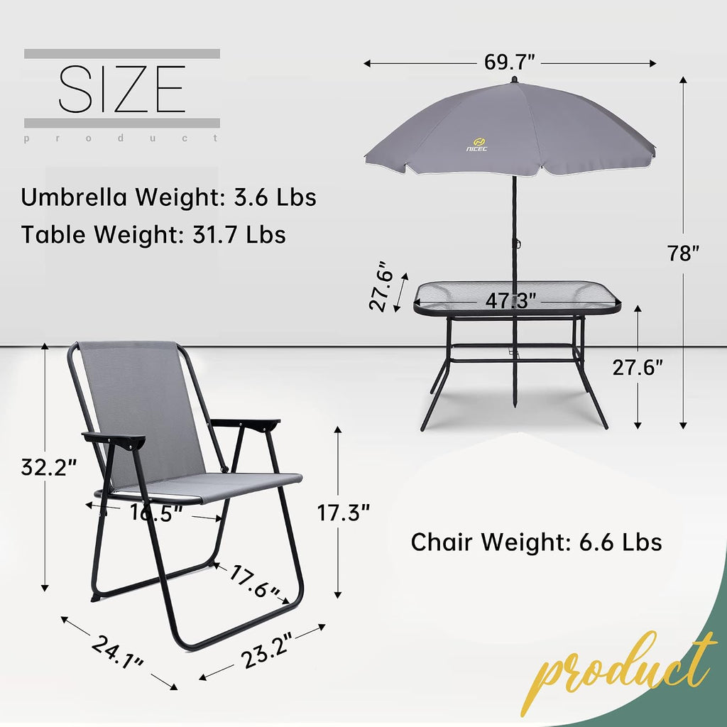 Nice C Outdoor Dining Sets, Patio Furniture Set, 8 Piece Set with Umbrella, Garden Outdoor Furniture Table Set with Removable Umbrella, Glass Table, and 6 Folding Chairs (Grey)