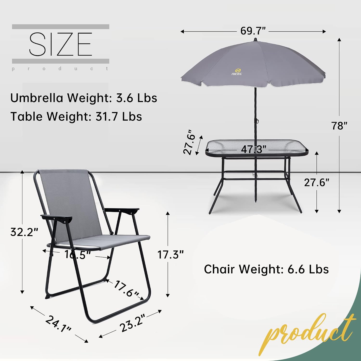 Nice C Outdoor Dining Sets, Patio Furniture Set, 8 Piece Set with Umbrella, Garden Outdoor Furniture Table Set with Removable Umbrella, Glass Table, and 6 Folding Chairs (Grey)