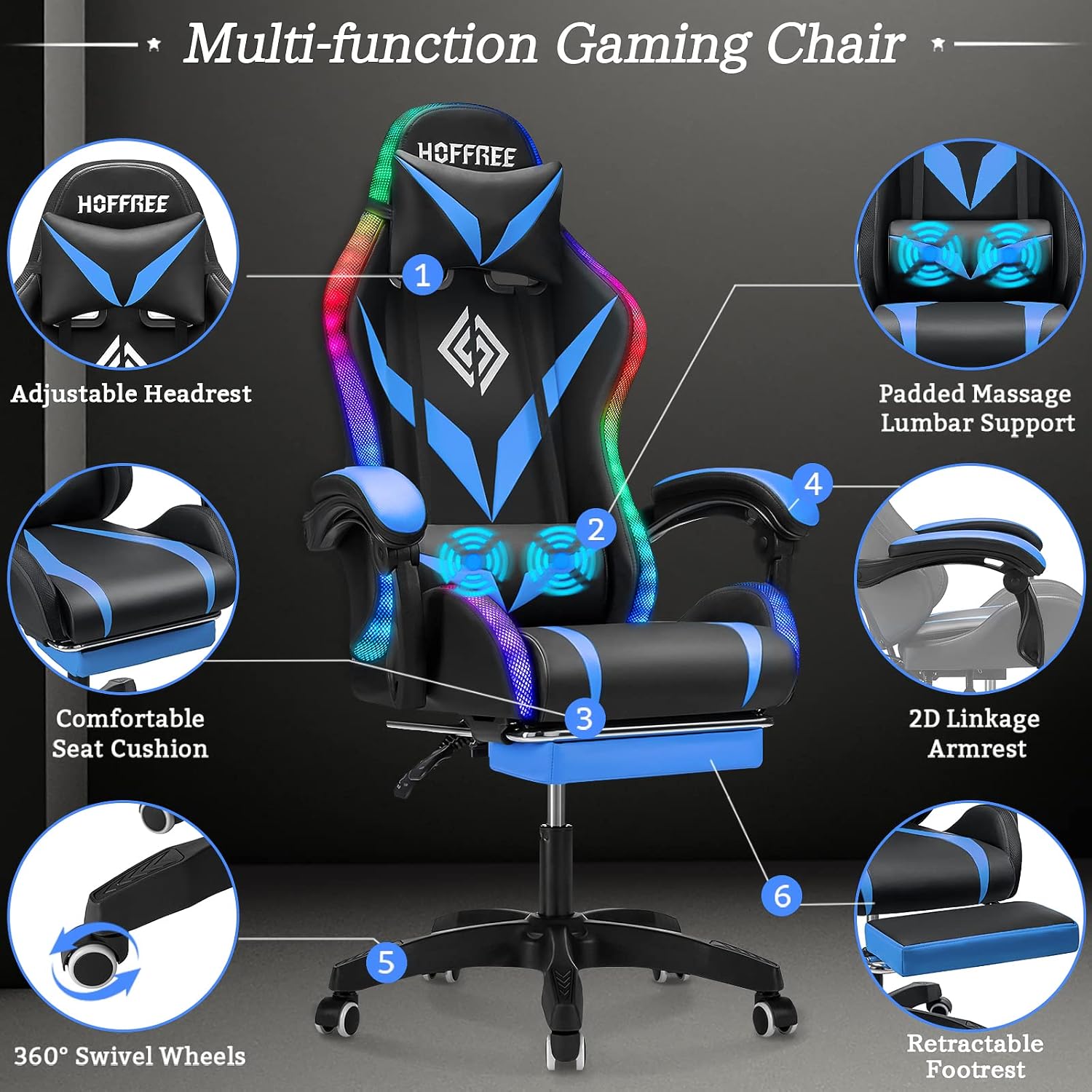 RGB Gaming Chair with Bluetooth Speakers and LED Lights Ergonomic Massage Computer Gaming Chair with Footrest Video Game Chair High Back with Lumbar Support Blue and Black