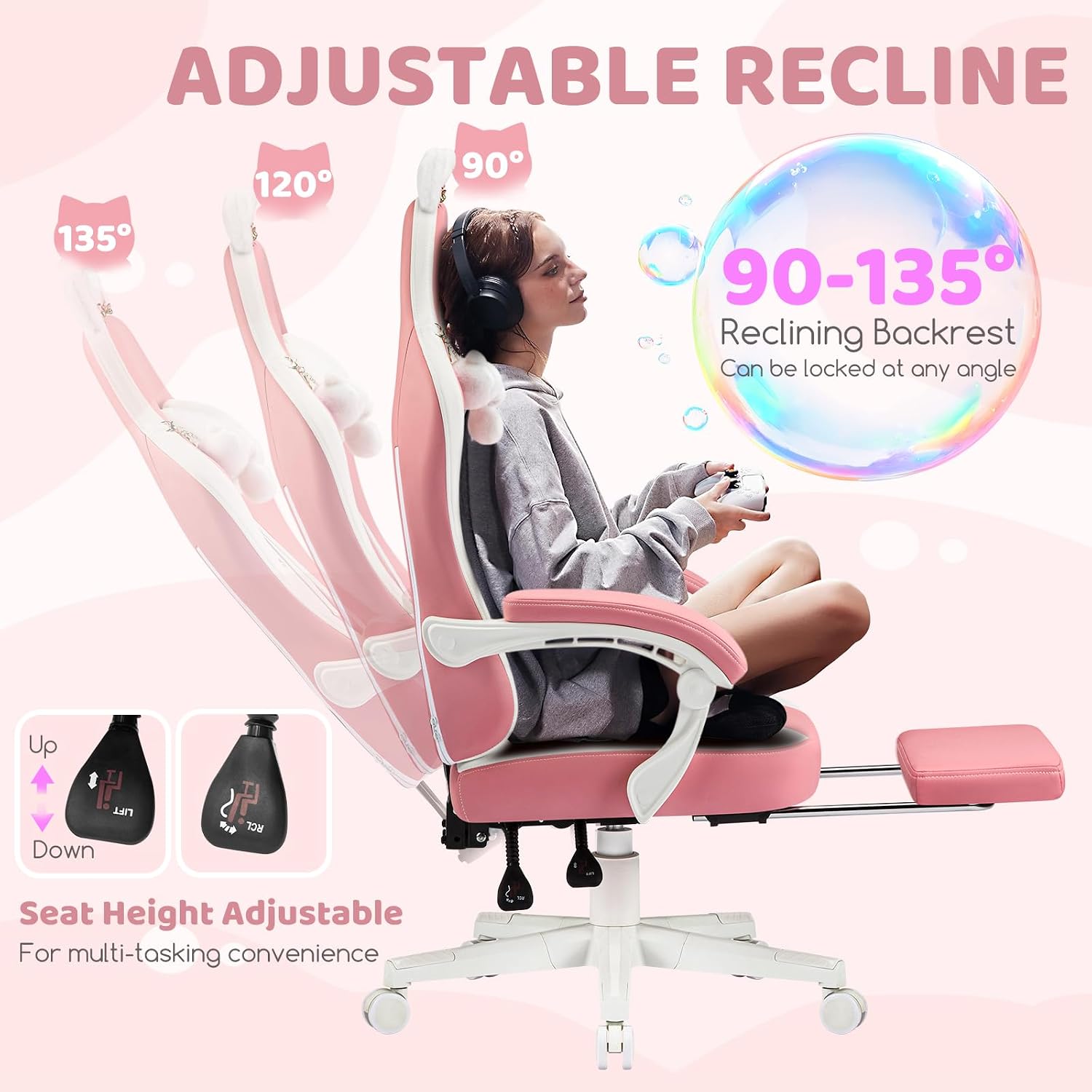 Gaming Chair, Pink Video Game Chairs for Adults with Cat Ears Pocket Spring Cushion Massage Lumbar Support & Headrest, Ringing Accessories Cute Leather Ergonomic Computer Chair for Girls, Pink/White
