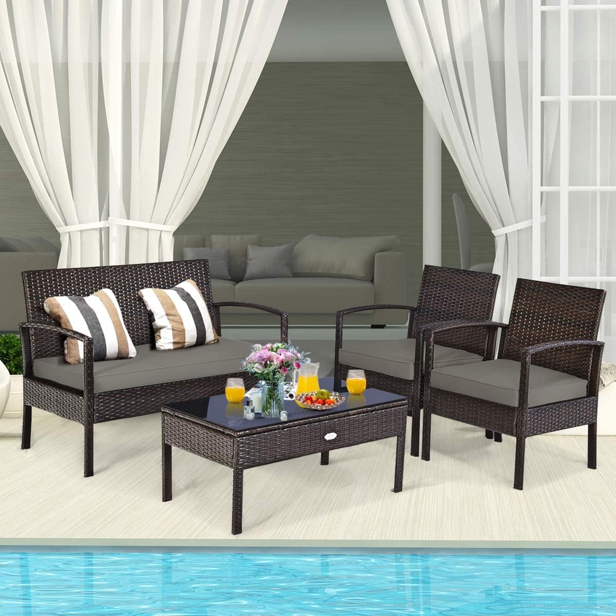 HAPPYGRILL 8-Piece Patio Furniture Set, Garden Pool Lawn Rattan Wicker Conversation Set, Loveseat Sofa Cushioned Seat & Glass Top Coffee Table