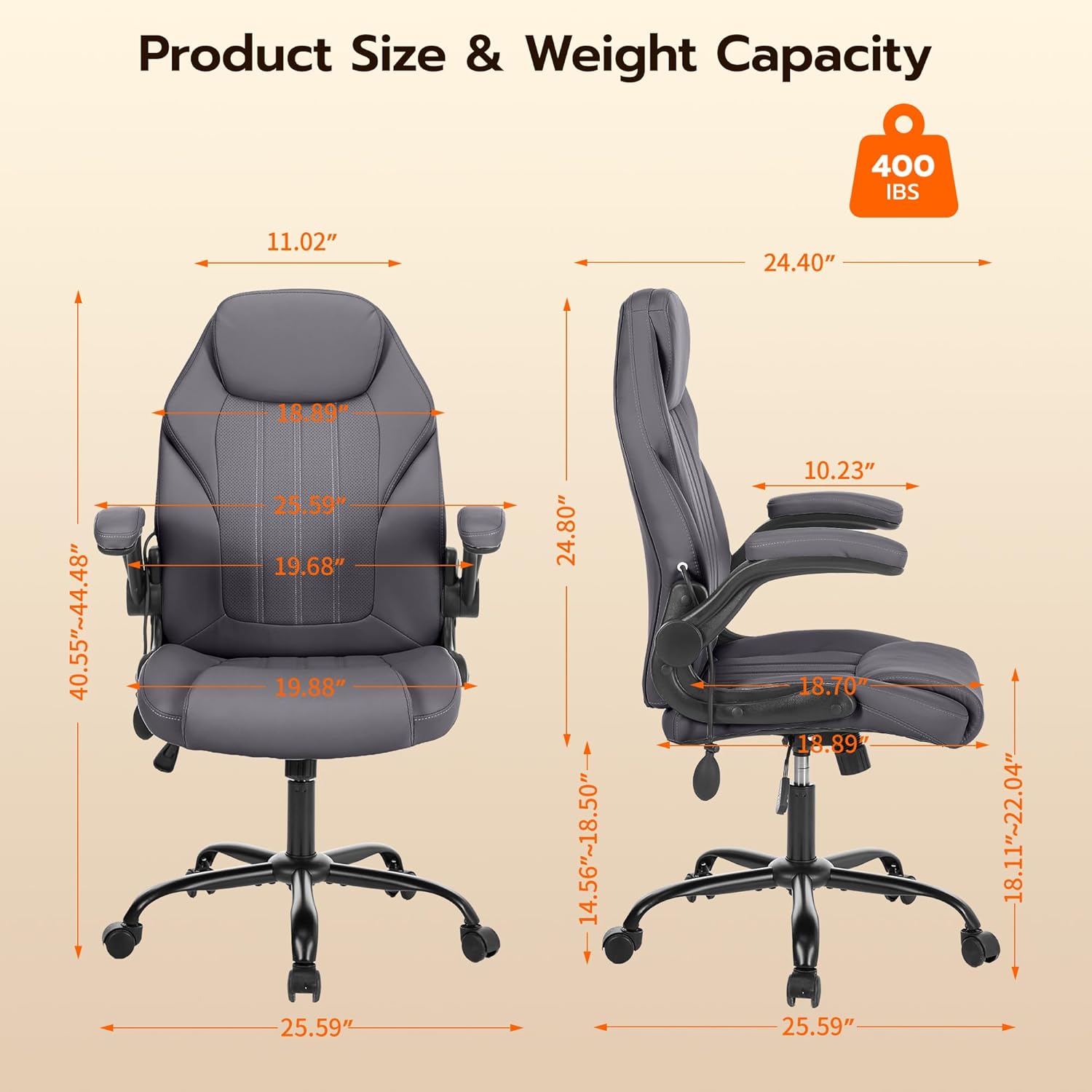 Ylzyxal Office Desk Chair, Ergonomic Computer Chair with Padded Flip-Up Arms and Adjustable Lumbar Support, PU Leather Executive Chair with Tilt Lock and 360° Swivel Rolling Wheels for Work, Study