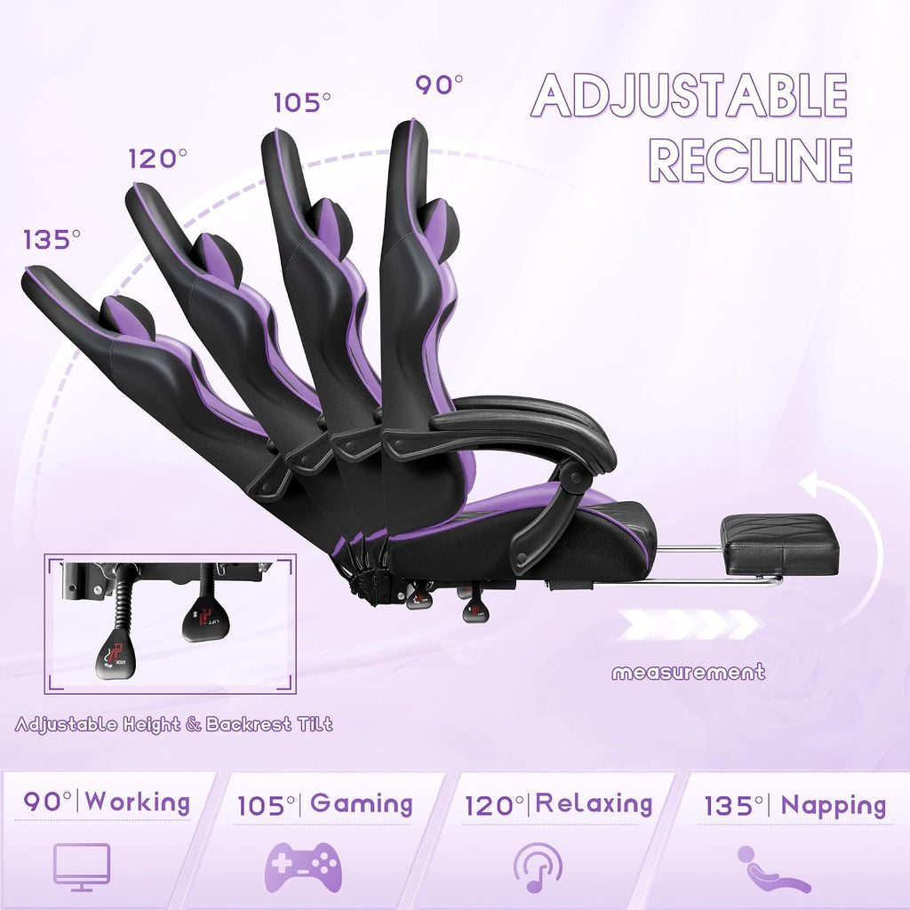 Shahoo Gaming Chair with Footrest and Massage Lumbar Support, Ergonomic Office Computer Seat Height Adjustable with Headrest, Purple