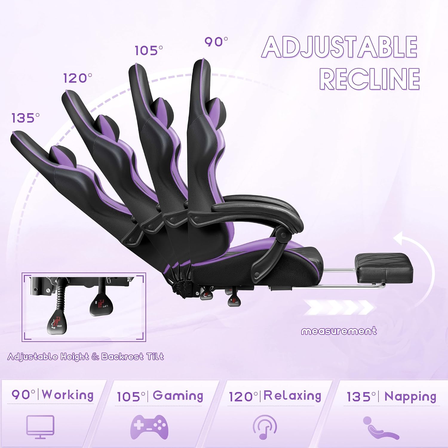 Shahoo Gaming Chair with Footrest and Massage Lumbar Support, Ergonomic Office Computer Seat Height Adjustable with Headrest, Purple