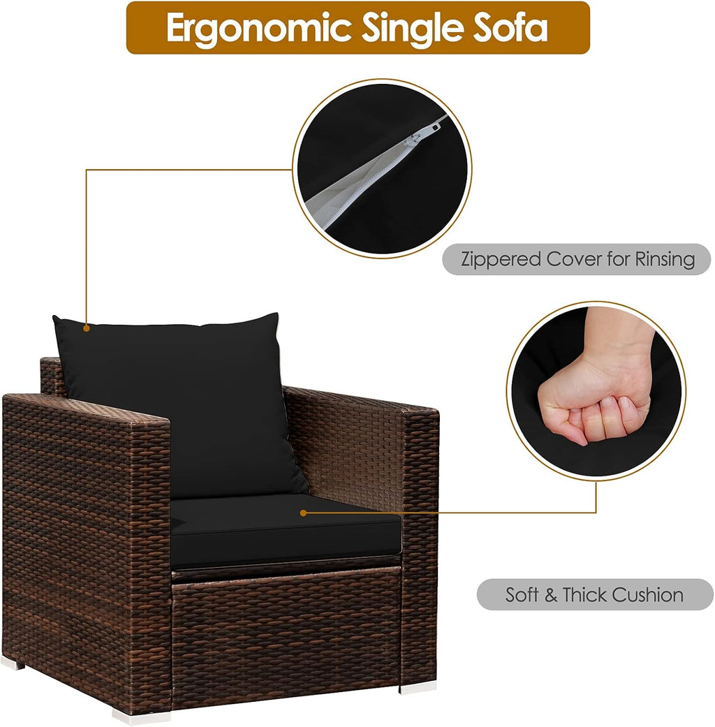 COSTWAY 3-Piece Patio Furniture Set, Outdoor Wicker Rattan Sofa with Cushions and Coffee Table with Tempered Glass, Modern Conversation Chair Set for Poolside Backyard Balcony Lawn (Black)