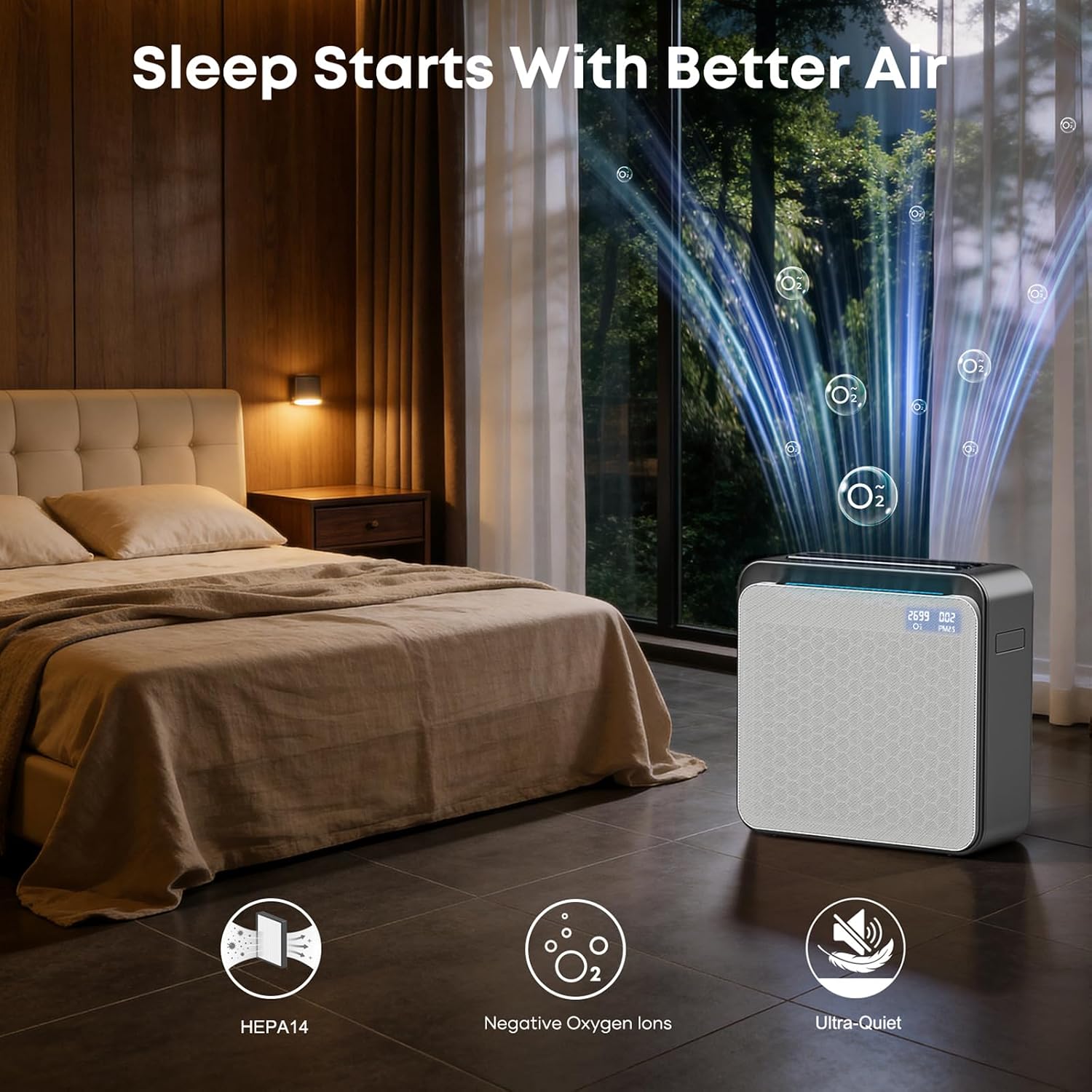 BURTRAN A31 H14 HEPA Air Purifier for Home Large Room Bedroom up to 1360ft²,Ultra-Quiet Sleep Modes, Nano-Oxy Negative Ions,PM2.5 & TVOC Smart Monitor, 5-Stage Filtration,WiFi,Sleep Support