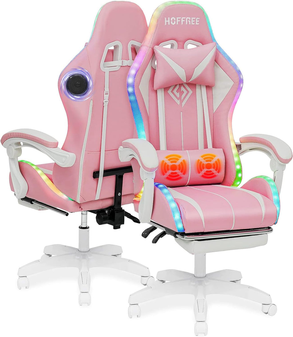 HOFFREE Pink Gaming Chair with Bluetooth Speakers and LED RGB Lights Cute Ergonomic Massage Computer Gaming Chair with Footrest High Back Video Game Chair with Lumbar Support Pink and White