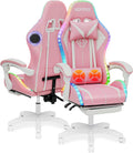 HOFFREE Pink Gaming Chair with Bluetooth Speakers and LED RGB Lights Cute Ergonomic Massage Computer Gaming Chair with Footrest High Back Video Game Chair with Lumbar Support Pink and White