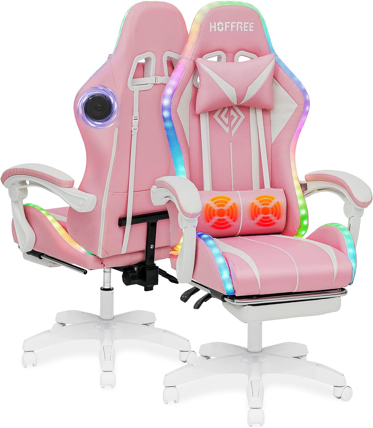 HOFFREE Pink Gaming Chair with Bluetooth Speakers and LED RGB Lights Cute Ergonomic Massage Computer Gaming Chair with Footrest High Back Video Game Chair with Lumbar Support Pink and White