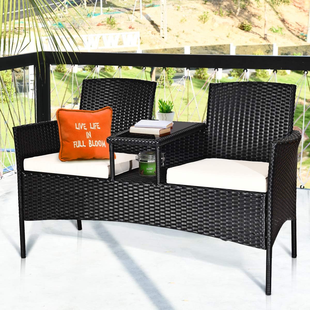 COSTWAY 2-Seat Patio Conversation Sets, Outdoor Patio Loveseat Set with Removable Cushions & Built-in Coffee Table for Backyard, Garden, Lawn, Balcony, Black+Beige