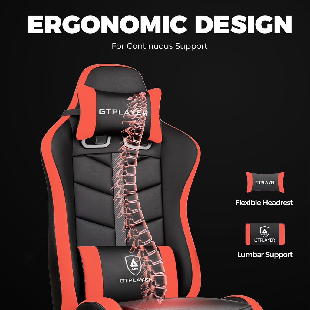 GTPLAYER Gaming Chair, Ergonomic Game Computer Chairs with Foot Rest for Adults, Adjustable PC Game Chair with Reclining Function and Comfortable Headrest for Home and Office Use (RED)