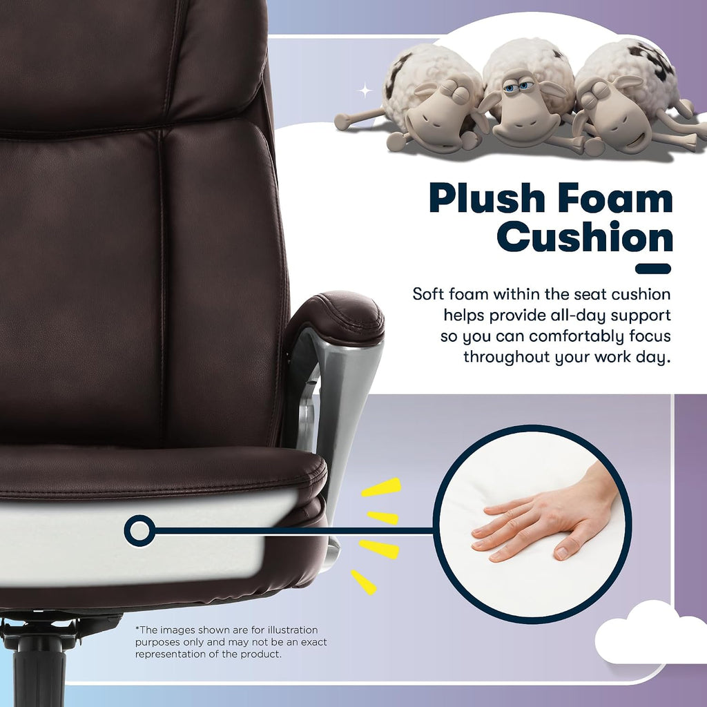 Serta Fairbanks Big and Tall Executive Office Chair - Ergonomic High Back Computer DeskChair with Lumbar Support, Memory Foam Seat Cushion, Padded Armrests, Bonded Leather, 350 lb Capacity - Brown