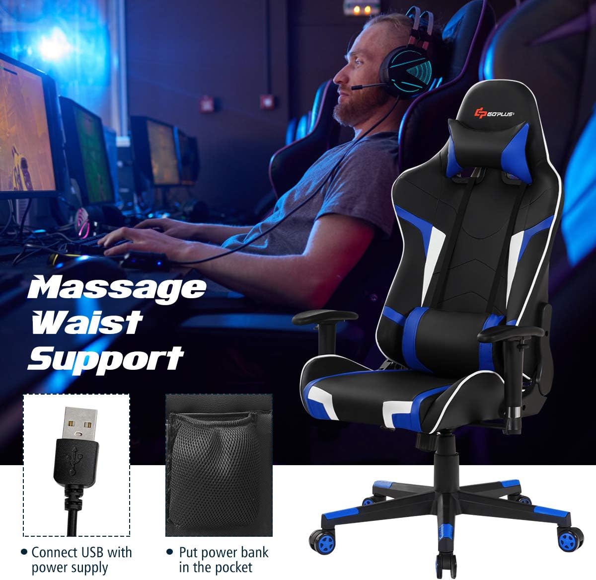 Goplus Gaming Chair - Racing Style, High Back PU Leather, Adjustable Arms & Headrest, Ergonomic Reclining Game Chair with Rolling Swivel Base