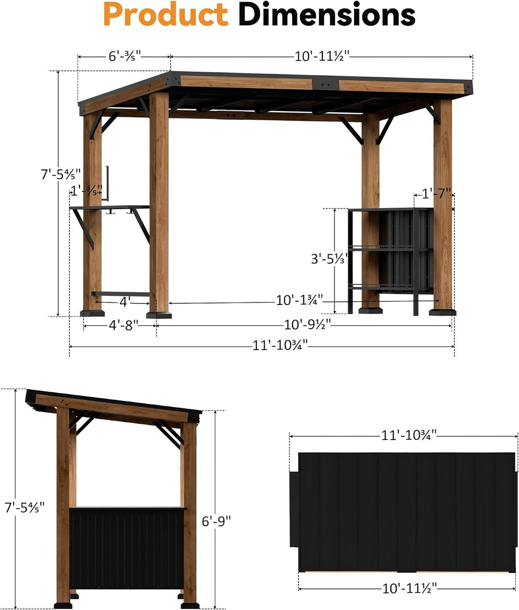 Modern Shade Woodberry Grill Gazebo 6' X 12', Cedar Wood Gazebo with Dual bar Tops & Shelves, Patio Bar with Galvanized Steel Roof, Outdoor Pavilion with USB and USB-C Charging Ports for Backyard