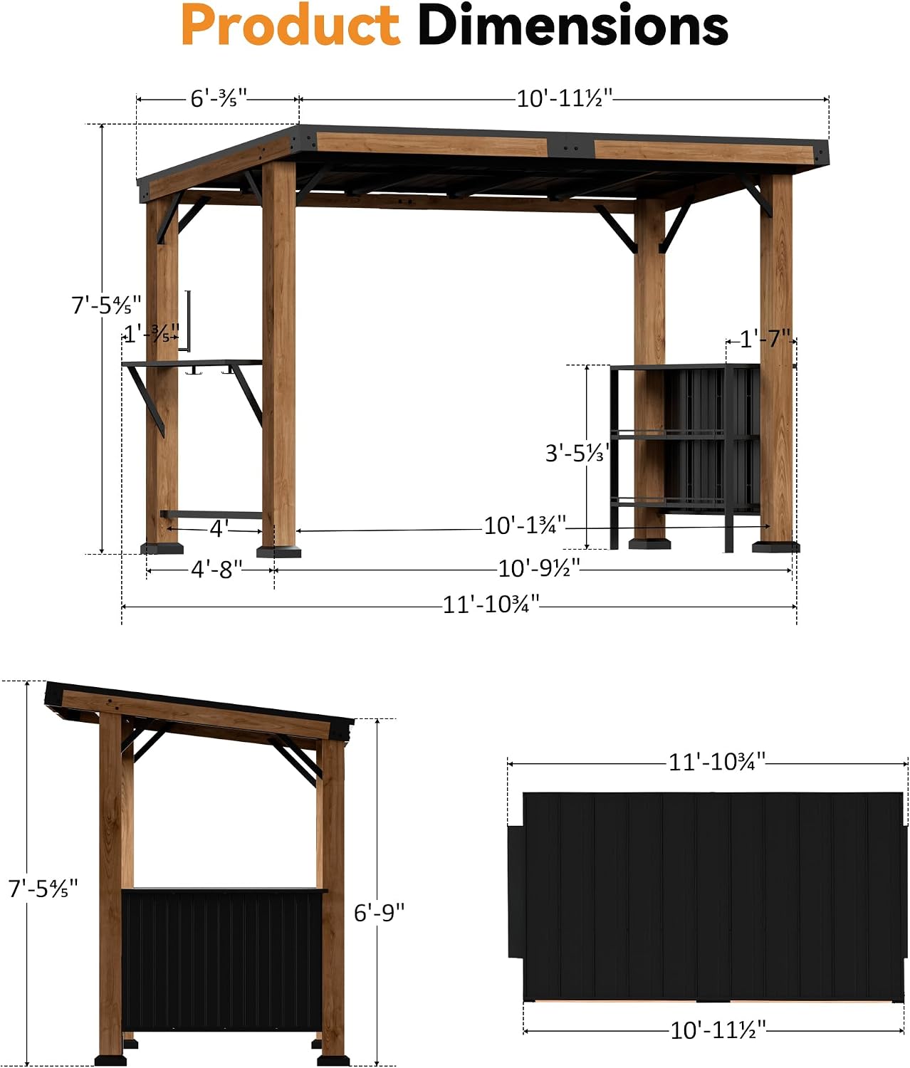 Modern Shade Woodberry Grill Gazebo 6' X 12', Cedar Wood Gazebo with Dual bar Tops & Shelves, Patio Bar with Galvanized Steel Roof, Outdoor Pavilion with USB and USB-C Charging Ports for Backyard
