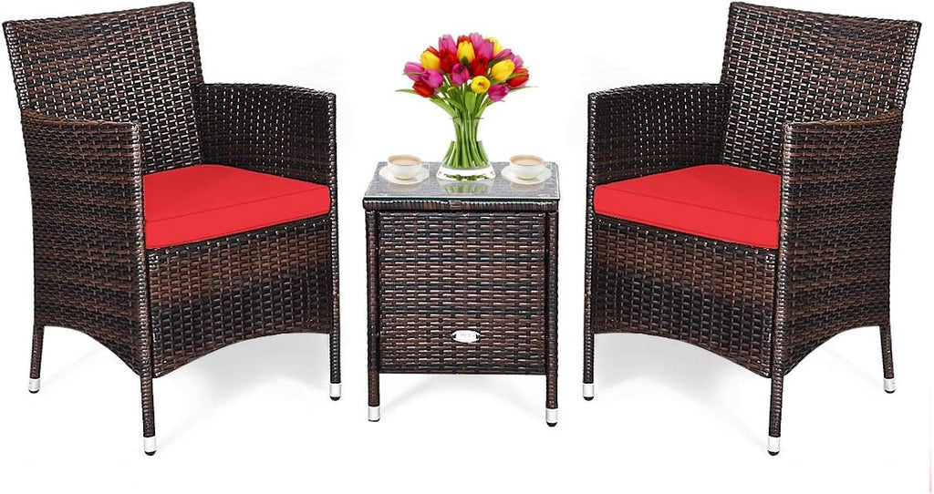 DORTALA Wicker Patio Furniture Set 3 Piece, Small Outdoor Table & Chairs Set with Cushions, All-Weather Rattan Conversation Bistro Set for Balcony, Porch, Backyard, Deck, Red